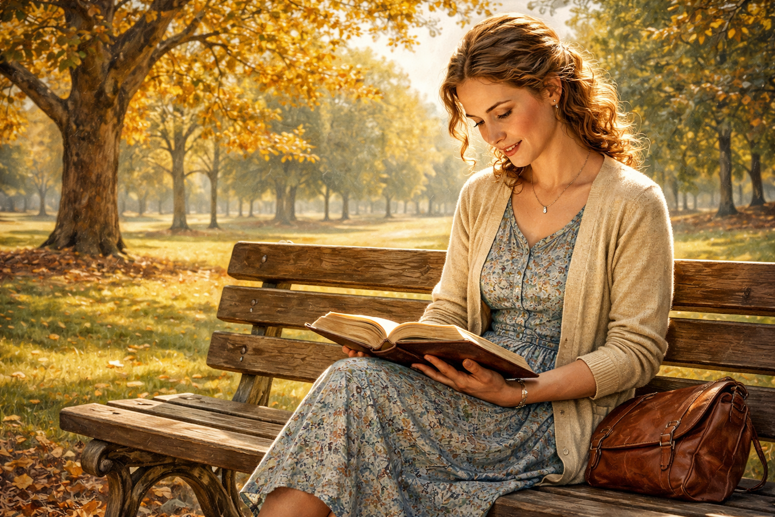 woman reading her bible on a park bench