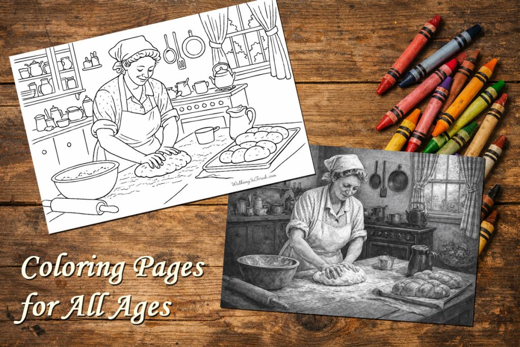 a woman baking bread as coloring pages